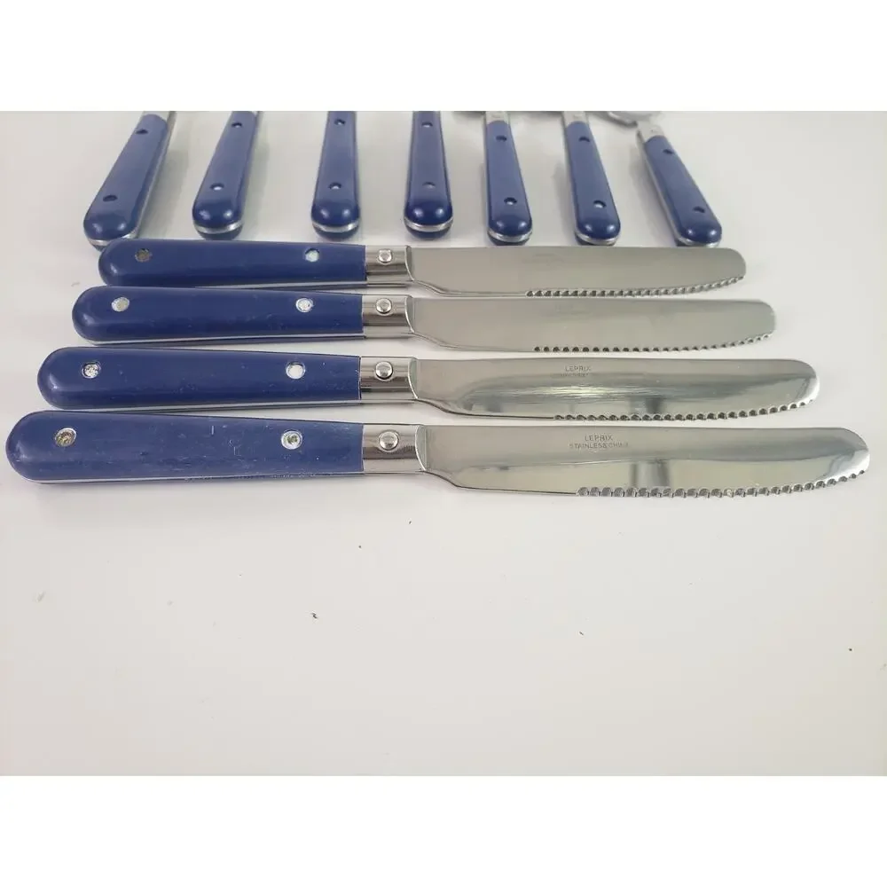 LE PRIX Stainless Flatware BLUE HANDLE Set of 11 Knives Spoons Fork